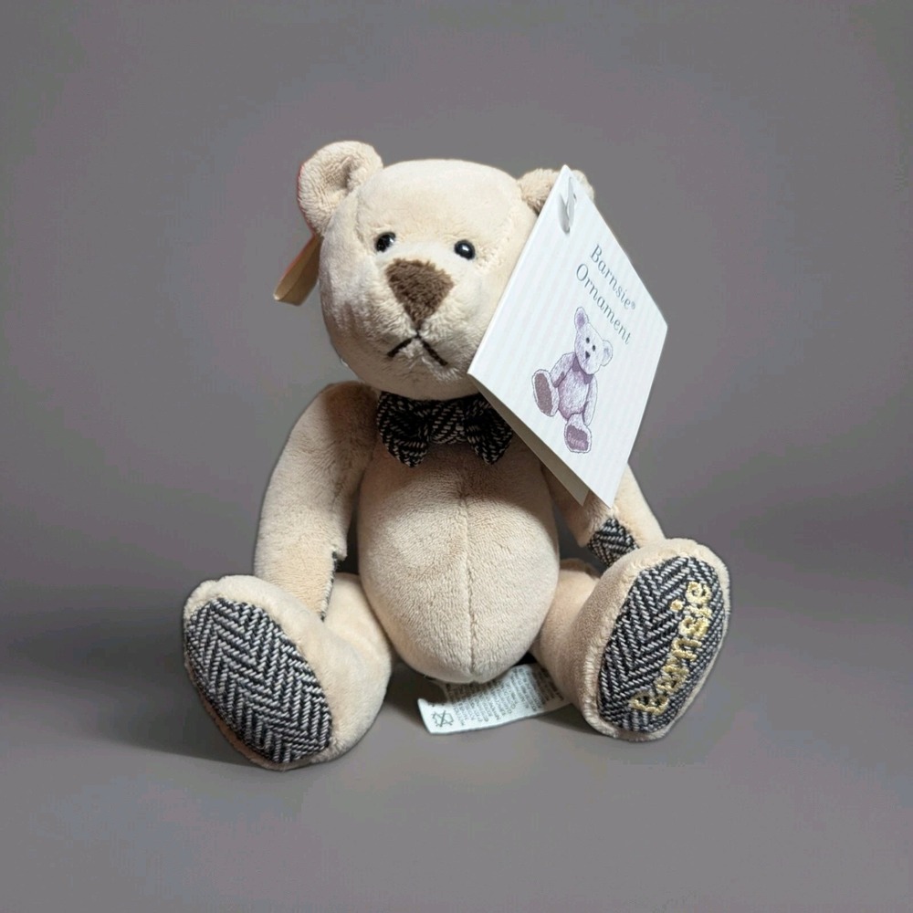 Barnes & Noble Barnsie Teddy Bear w Herringbone Bow Beige Tan Plush Ornament EUC